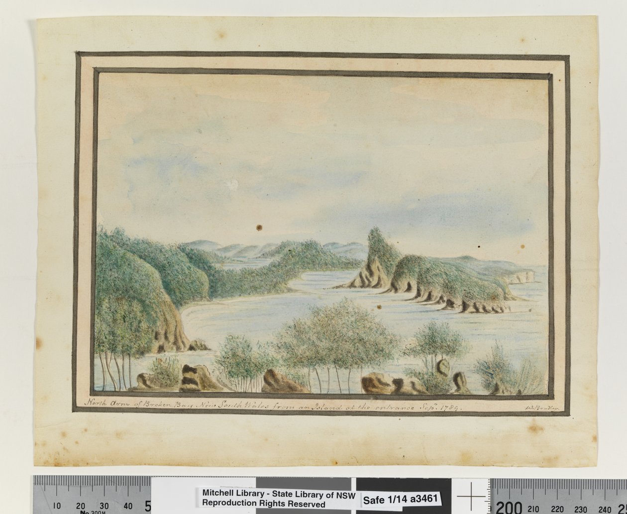 مقابل. ص. 92. "North Arm of Broken Bay New South Wales من جزيرة عند مدخل Sepr 1789 '، حوالي 1802 (ألوان مائية) بواسطة وليام برادلي