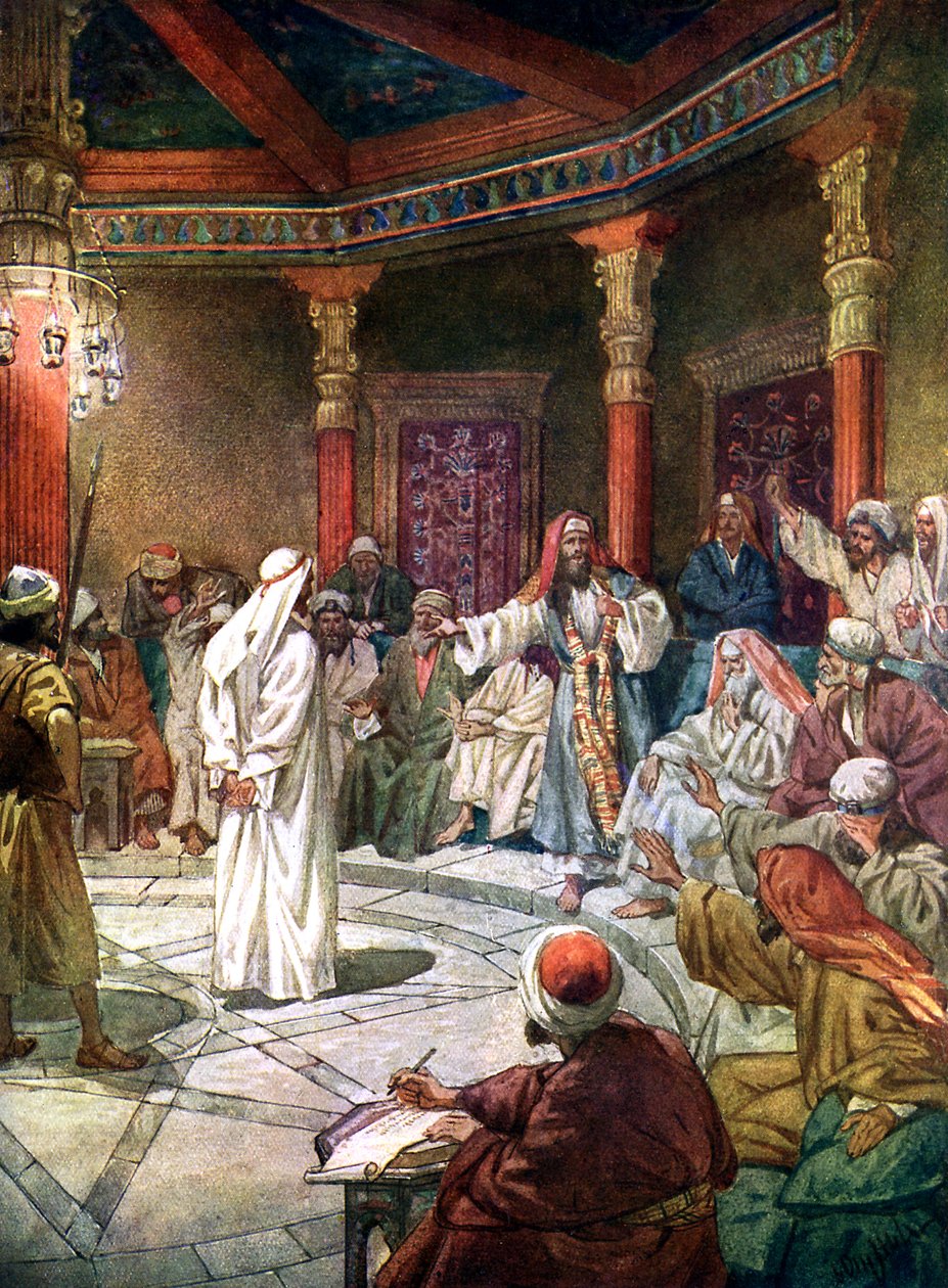 يتم استجواب يسوع من قبل رئيس الكهنة - الكتاب المقدس بواسطة ويليام براسي هول