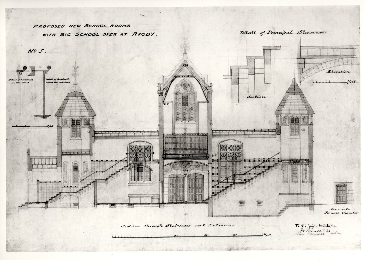 تفاصيل المداخل والسلالم ومدخل غرفة الفرن ودرابزين (مدرسة Big New) ، مدرسة الرجبي ، 1844 (حبر أسود ، قلم رصاص ومرحاض) بواسطة وليام باترفيلد