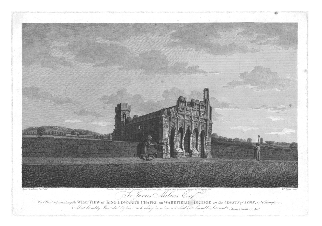 منظر غربي للكنيسة الملك إدواردز على جسر ويكفيلد في مقاطعة يورك ، c1800 بواسطة وليام بيرن