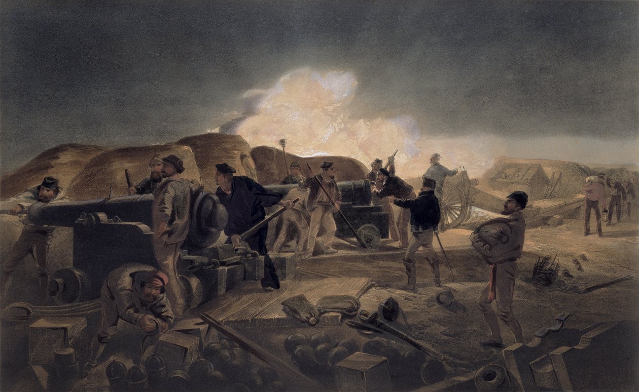 ليلة ساخنة في البطاريات ، لوحة من "مقعد الحرب في الشرق" ، حانة. بقلم Paul und Dominic Colnaghi und Co. ، 1856 بواسطة وليام كريميا سيمبسون