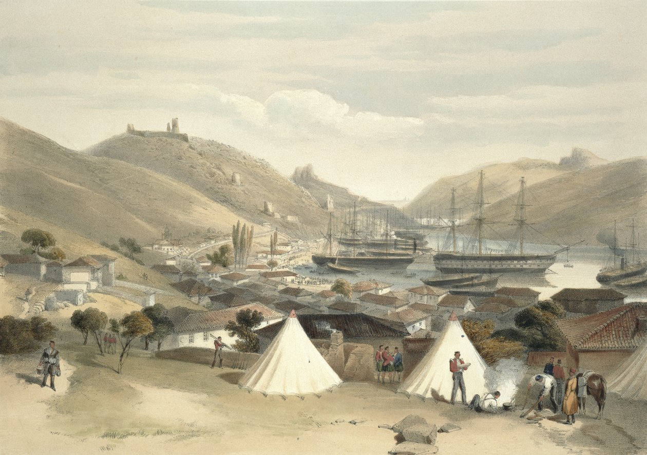 بالاكلافا ، النظر نحو البحر ، لوحة من "مقعد الحرب في الشرق" ، 1856 بواسطة وليام كريميا سيمبسون
