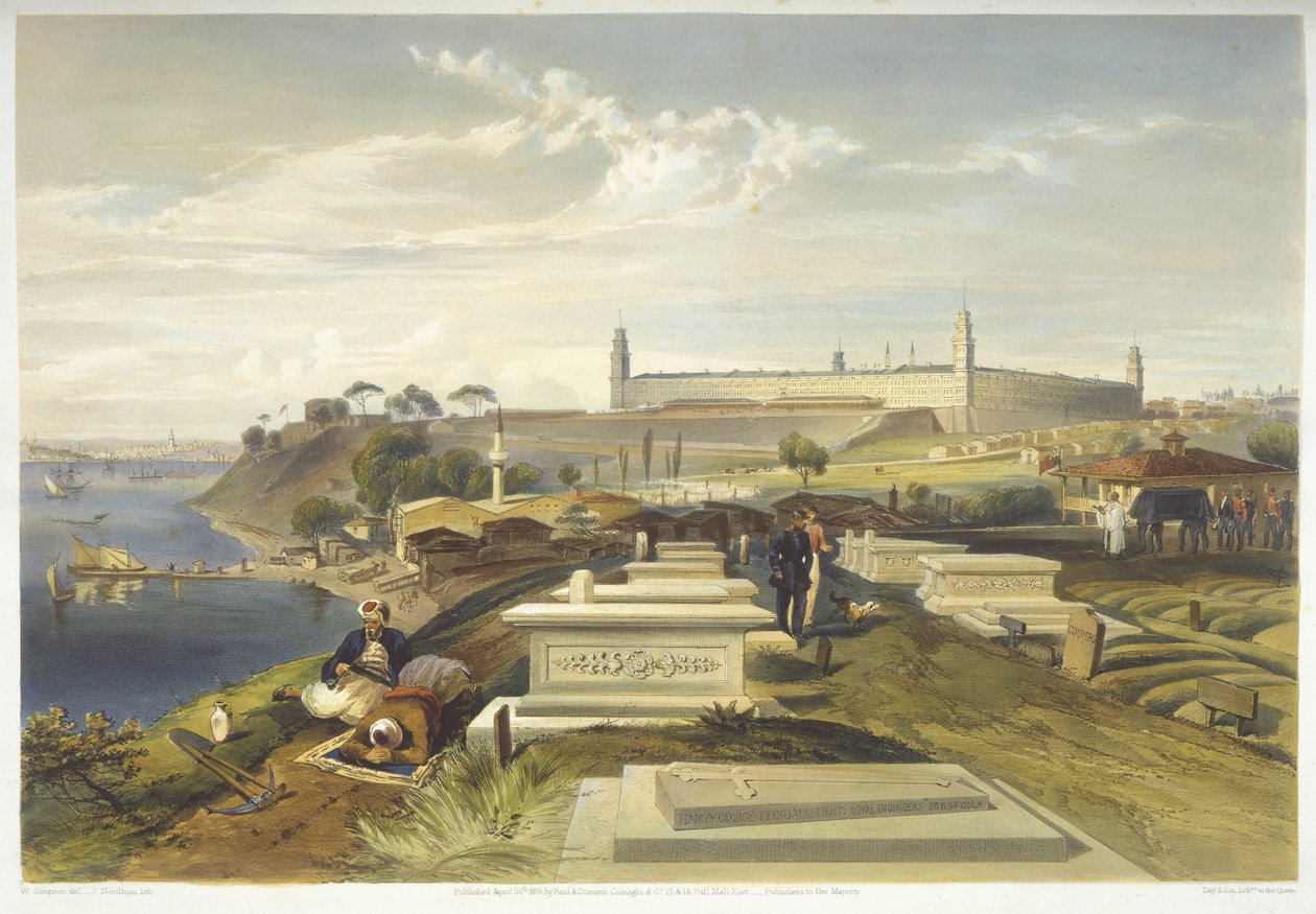 مستشفى ومقبرة ، سكوتاري ، لوحة من "مقعد الحرب في الشرق" ، حانة. بقلم Paul und Dominic Colnaghi und Co. ، 1856 بواسطة وليام كريميا سيمبسون