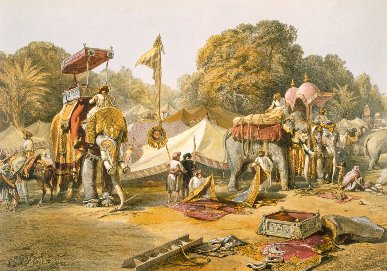 فيل خانا ، أو أحياء الفيلة ، معسكر هولكارز ، من "الهند القديمة والحديثة" ، 1867 بواسطة وليام كريميا سيمبسون