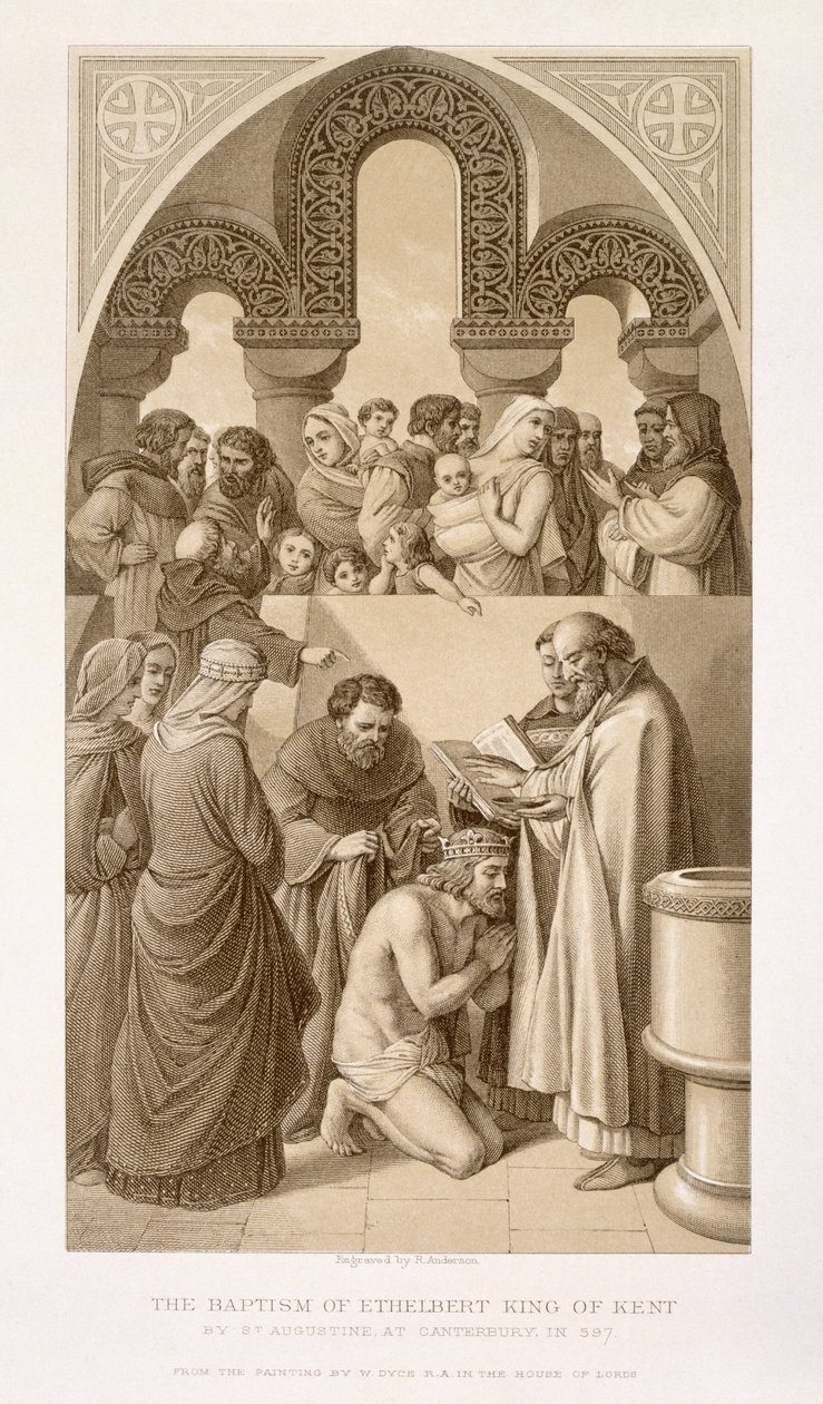 معمودية الملك إيثيلبرت (c.552-616) من كينت بواسطة القديس أوغسطينوس في كانتربري في عام 597 ، من "الرسوم التوضيحية الإنجليزية والتاريخ الاسكتلندي" المجلد الأول بواسطة وليام دايس