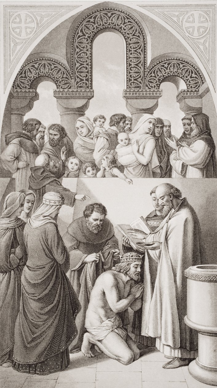 معمودية الملك إيثيلبرت (c.552-616) من كينت للقديس أوغسطينوس في كانتربري في عام 597 ، من "الرسوم التوضيحية الإنجليزية والتاريخ الاسكتلندي" المجلد الأول بواسطة وليام دايس