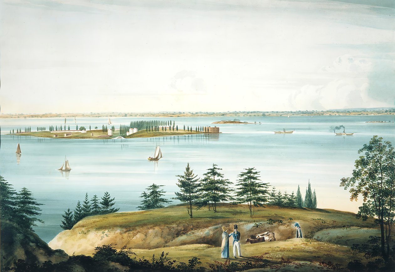 خليج نيويورك وجزيرة جفرنرز مأخوذة من بروكلين هايتس ، 1820-25. بواسطة وليام غي وول