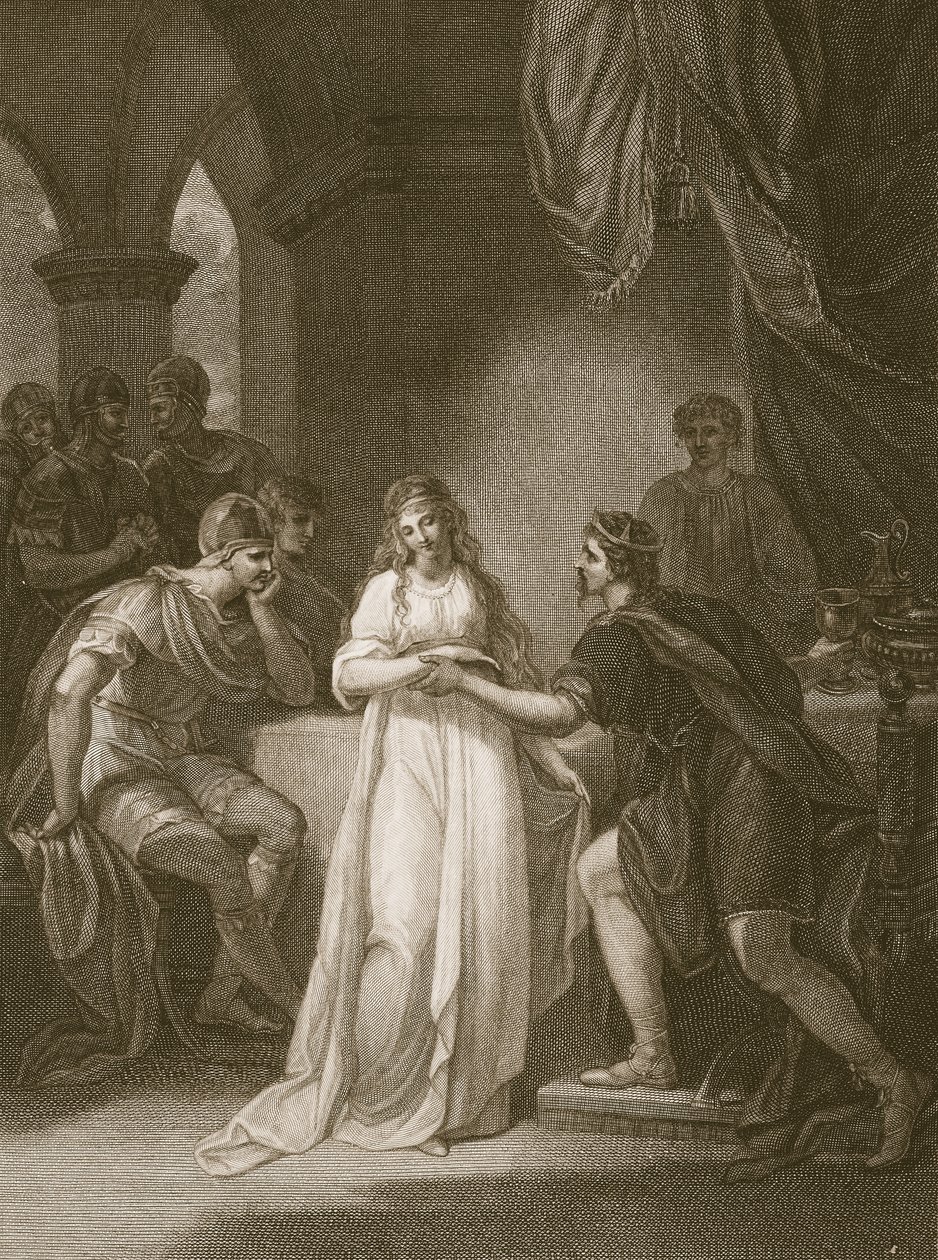 Vortigern و Rovena ، نقشت بواسطة Delatre ، رسم توضيحي من حانة ديفيد هيوم "تاريخ إنجلترا" ، الحانة. بقلم ر. بوير ، لندن ، 1812 بواسطة وليام هاملتون