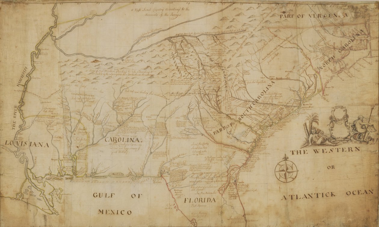 خريطة للجزء الجنوبي الشرقي من أمريكا الشمالية ، 1721 (قلم وحبر وغسل على ورق) بواسطة وليام هامرتون