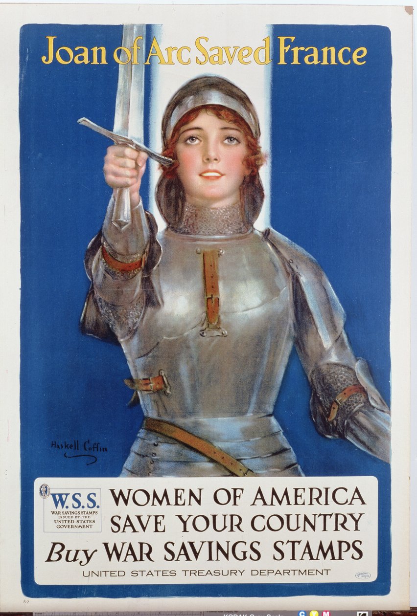 `` جان دارك أنقذت فرنسا &39;&39; ، ملصق طوابع مدخرات الحرب الأمريكية ، 1918 بواسطة وليام هاسكل كوفين