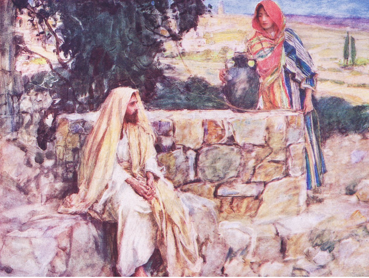 المسيح وامرأة السامرة ، من قصة الكتاب المقدس التي نشرها Hodder & Stoughton ، c.1930 بواسطة وليام هاثريل
