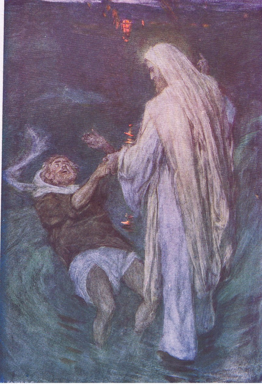 المسيح يمشي على البحر ، من قصة الكتاب المقدس التي نشرها Hodder & Stoughton ، c.1930 بواسطة وليام هاثريل