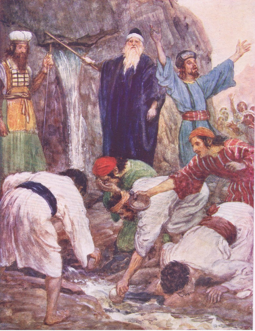 موسى يضرب الصخرة ، من قصة الكتاب المقدس التي نشرها Hodder & Stoughton ، c.1930 بواسطة وليام هاثريل
