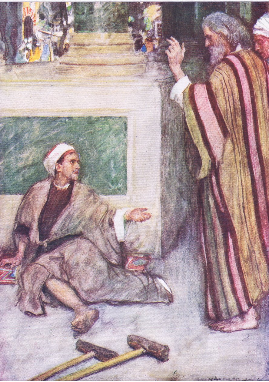 بيتر وجون يشفيان الرجل العرجاء ، من قصة الكتاب المقدس التي نشرها Hodder & Stoughton ، c.1930 بواسطة وليام هاثريل