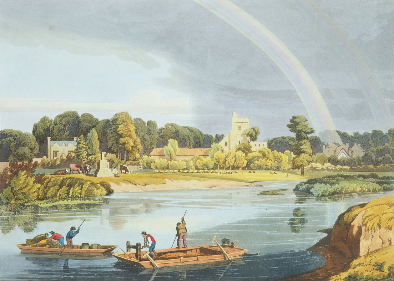 كنيسة ستينز مع سيتي ستون على ضفاف النهر ، نقشها روبرت هافيل الأصغر (1793-1878) نشرت عام 1818 (أكواتنت) بواسطة وليام هافل