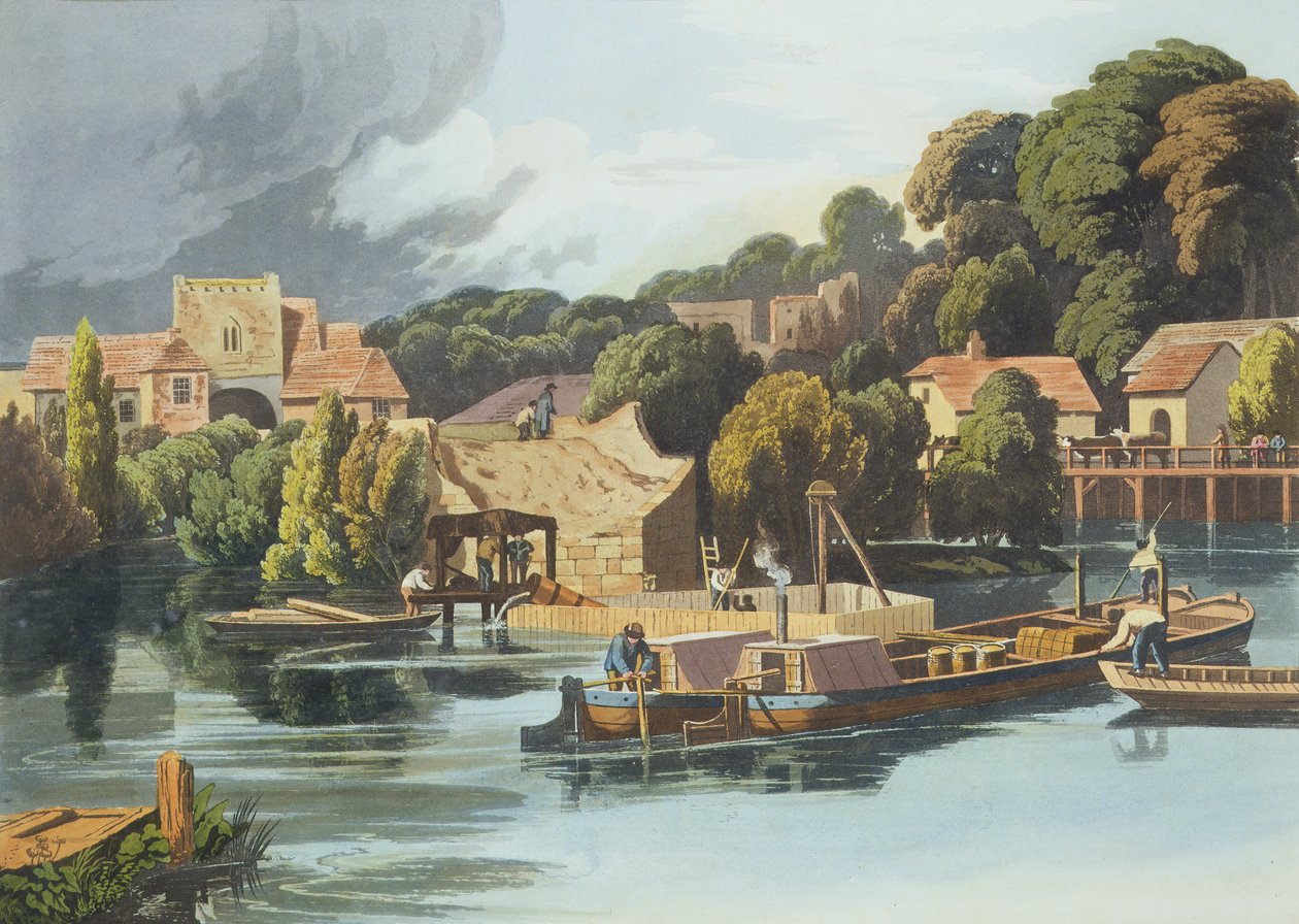 قلعة والينغفورد في عام 1810 أثناء إصلاحات الجسر ، نقشها روبرت هافيل الأصغر (1793-1878) المنشورة عام 1818 (أكواتينت) بواسطة وليام هافل