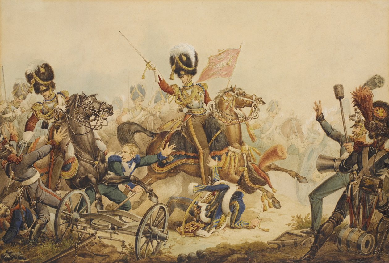 حراس الحياة الأول يتهمون المدفعية الفرنسية في معركة واترلو في عام 1815 ، 1820 بواسطة وليام هيث