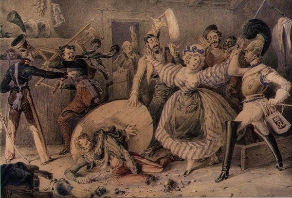 شجار في نزل ، حوالي عام 1830 (ألوان مائية فوق قلم رصاص مزينة بالغواش على ورق) بواسطة وليام هيث