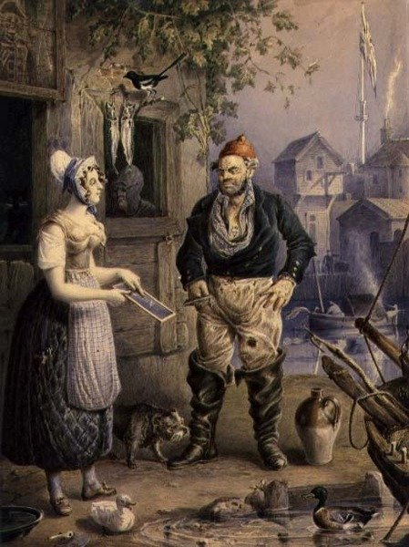 صياد وخادمة ، حوالي عام 1830 (ألوان مائية فوق قلم رصاص مزينة بالغواش على ورق) بواسطة وليام هيث