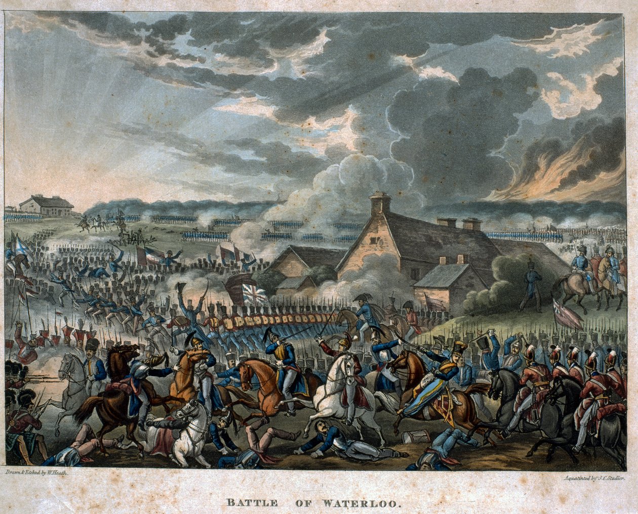 معركة واترلو 1815 ، اللوحة 29 من "انتصارات ويلينغتون" التي نشرها T.Tegg ، 1818 (ألوان مائية ملونة) بواسطة وليام هيث