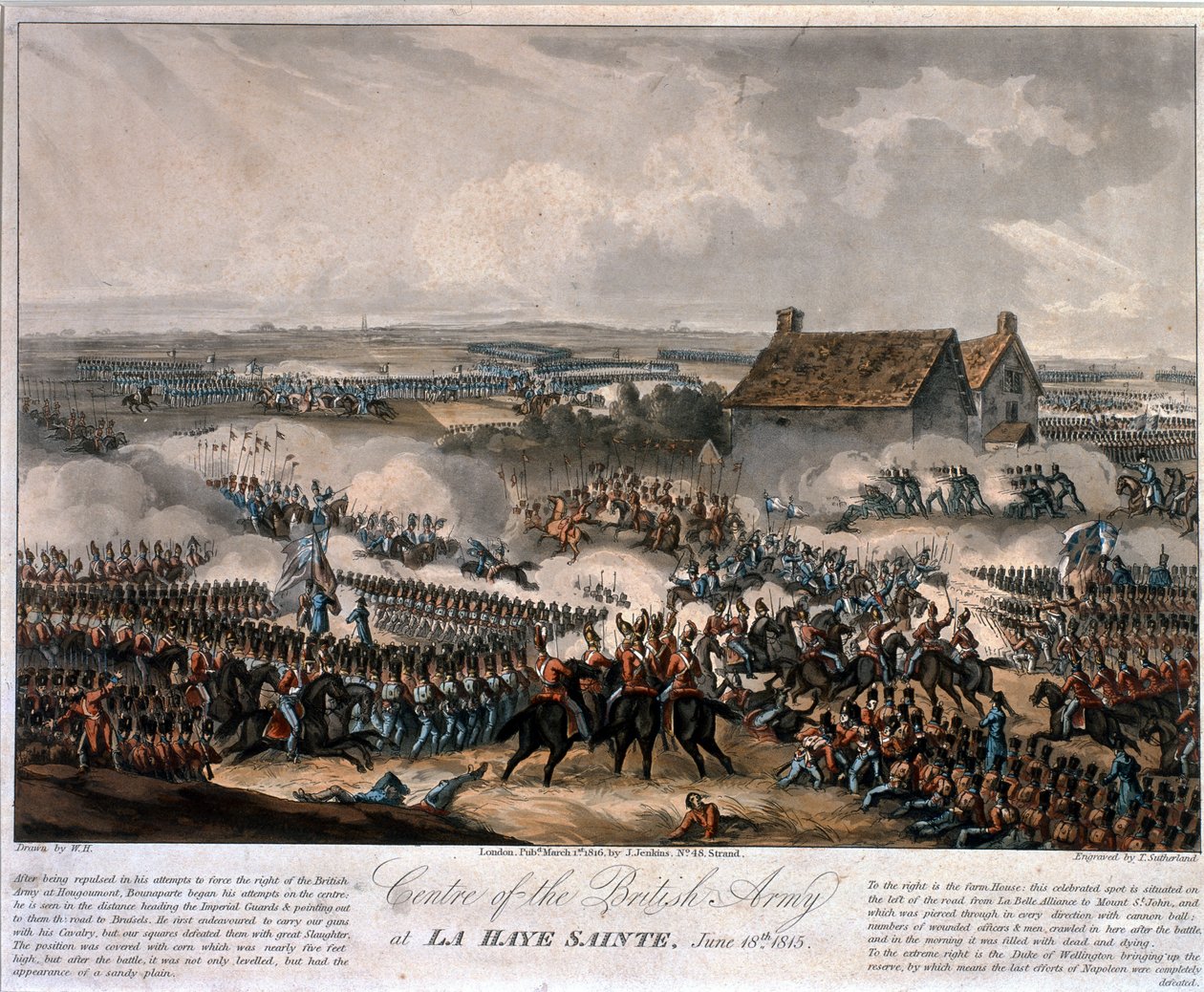 مركز الجيش البريطاني في لا هاي سانت خلال معركة واترلو ، محفوراً بتوماس ساذرلاند ، 1816 (ألوان مائية) بواسطة وليام هيث