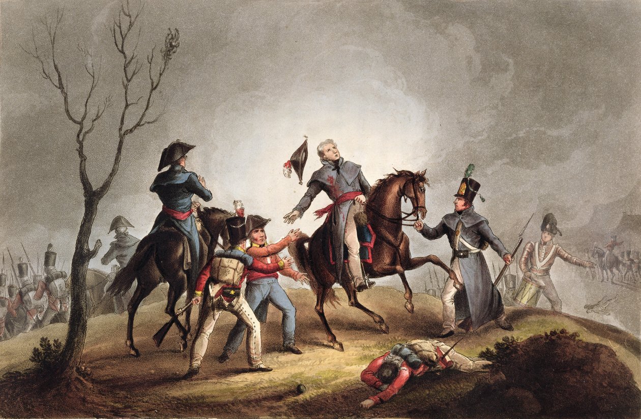وفاة السير جون مور (1761-1809) 17 يناير 1809 ، من "الإنجازات القتالية لبريطانيا العظمى وحلفائها من 1799-1815" ، بقلم جيمس جينكينز ، نقش توماس ساذرلاند (BC1785) publis بواسطة وليام هيث