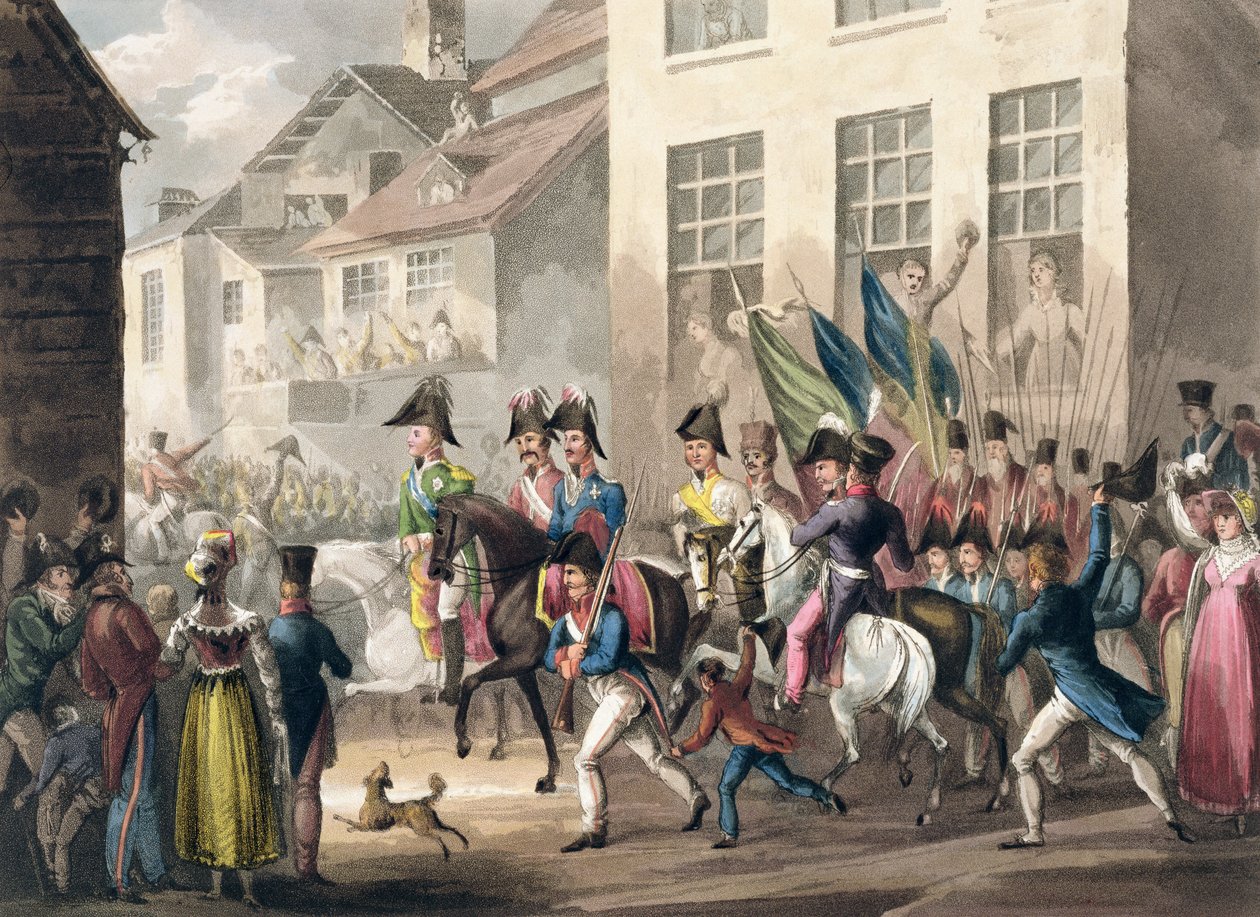 مدخل الحلفاء إلى باريس ، 31 مارس 1814 ، من "الإنجازات العسكرية لبريطانيا العظمى وحلفائها من 1799 إلى 1815" ، بقلم جيمس جينكينز ، منقوش بواسطة توماس ساذرلاند (BC1785) ، publi بواسطة وليام هيث