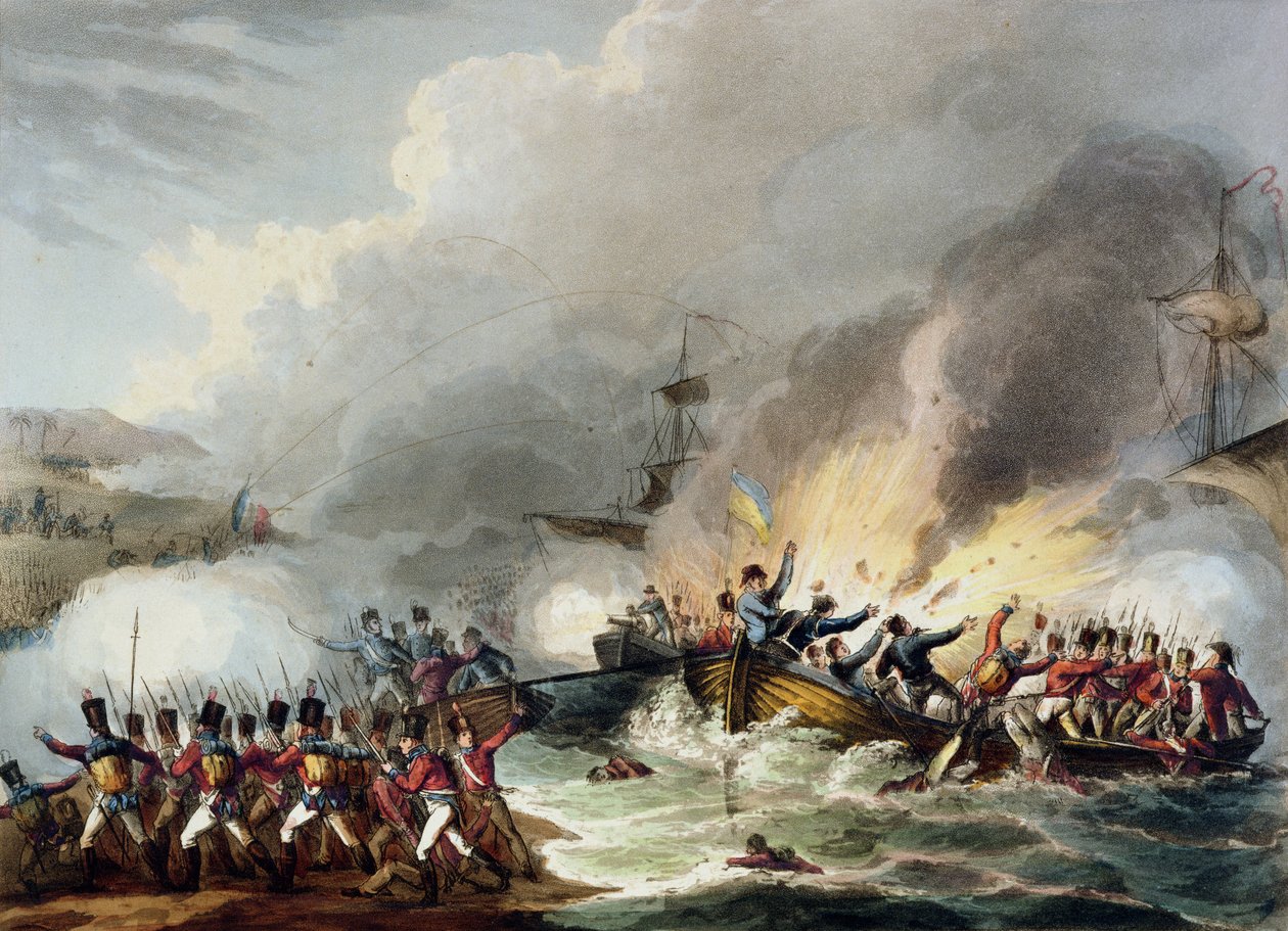 هبوط القوات البريطانية في مصر ، مارس 1801 ، من "الإنجازات العسكرية لبريطانيا العظمى وحلفائها من 1799 إلى 1815" ، بقلم جيمس جينكينز ، نقش توماس ساذرلاند (BC1785) ، publi بواسطة وليام هيث