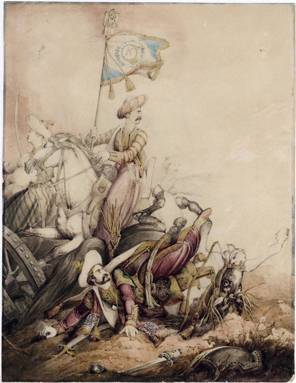 "Porte etendard mamelouk au fight" (حامل لواء المماليك في القتال) Aquarelle de William Heath (1795-1840) - 1818 Dim 33،5x25،9 cm Private Collection بواسطة وليام هيث