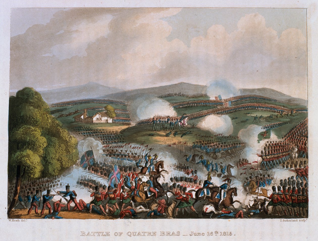 معركة كواتر براس في 16 يونيو 1815 ، نقشها توماس ساذرلاند ، 1815 (أكواينت الملونة) بواسطة وليام هيث