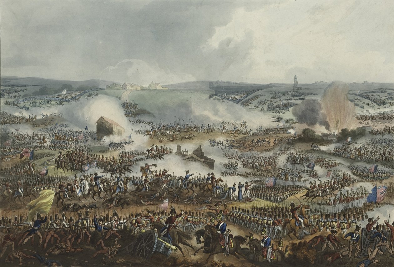 معركة واترلو 18 يونيو 1815 ، أكواتنت بواسطة توماس ساذرلاند (1785-1838) ، نشر في الإنجازات القتالية لجيمس جينكينز ، 1 سبتمبر 1815 (أكواينت الملونة) بواسطة وليام هيث
