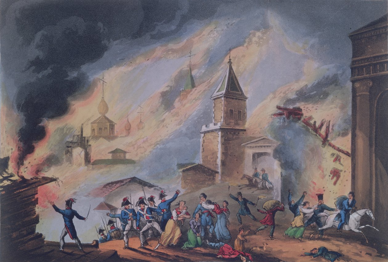 حرق موسكو ، سبتمبر 1812 ، نقشها توماس ساذرلاند (BC1785) (نقش أكواتينت) بواسطة وليام هيث