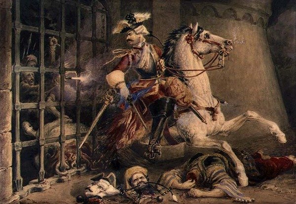 هروب ضابط سلاح الفرسان من الأتراك ، حوالي عام 1830 (ألوان مائية فوق قلم رصاص مزينة بالغواش على الورق) بواسطة وليام هيث