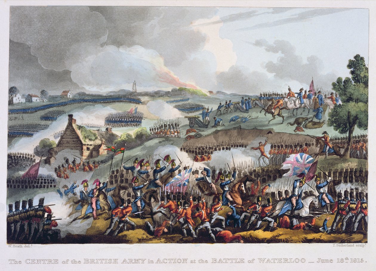 مركز الجيش البريطاني في المعركة في معركة واترلو ، 18 يونيو 1815 ، من "الإنجازات العسكرية لبريطانيا العظمى وحلفائها من 1799 إلى 1815" ، بقلم جيمس جينكينز ، منقوش بواسطة ثو بواسطة وليام هيث