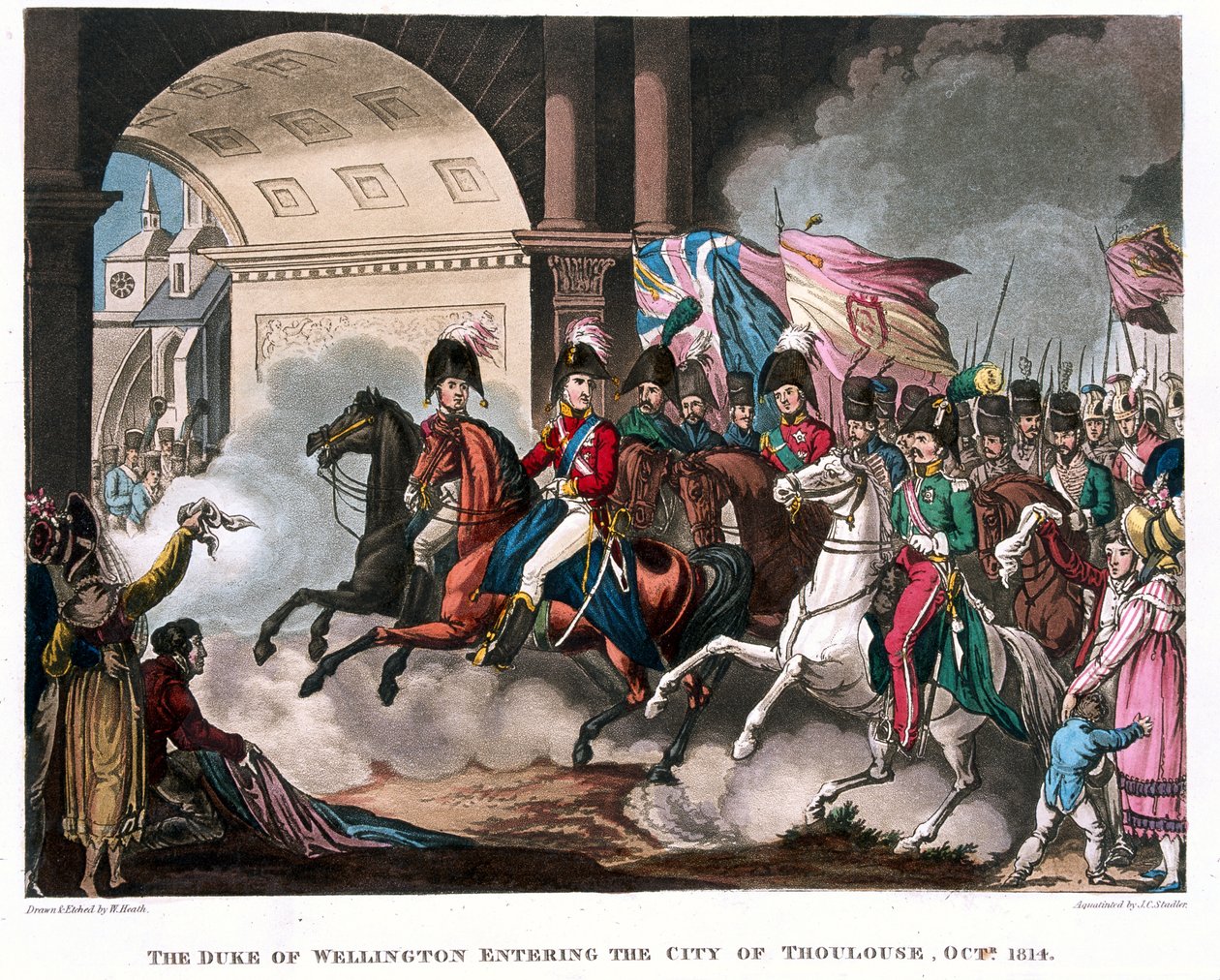 دخول دوق ويلينغتون (1769-1852) إلى مدينة تولوز عام 1814 ، رسم توضيحي لقصيدة روائية للدكتور سينتاكس ، نُشر عام 1818 (ألوان مائية) بواسطة وليام هيث
