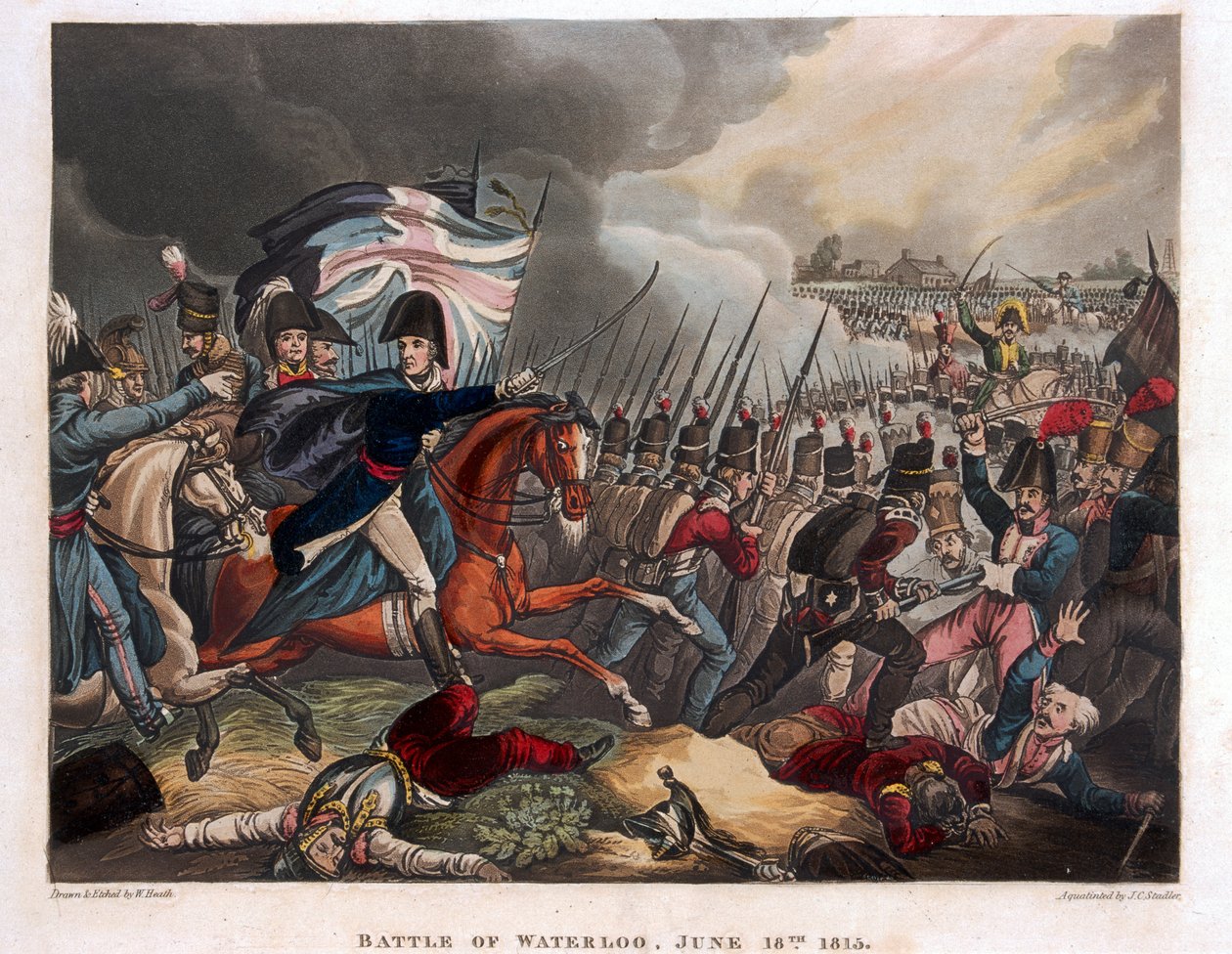 دوق ويلينغتون (1769-1852) مع القوات التي تتقدم في معركة واترلو ، التوضيح من قصيدة سردية للدكتور سينتاكس ، 1818 (ألوان مائية) بواسطة وليام هيث