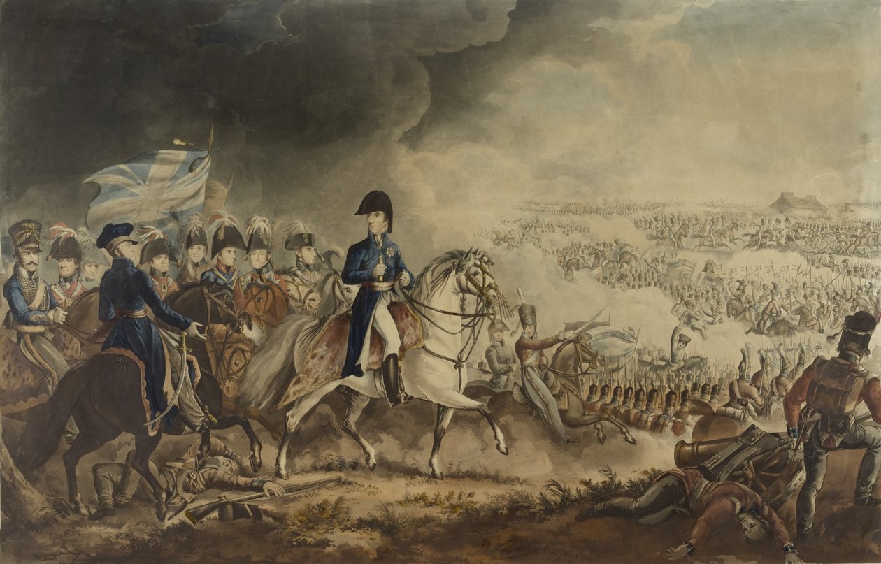 دوق ويلينجتون والضباط الأكثر تميزًا في معركة واترلو ، 18 يونيو 1815 ، أكواتينت بقلم دبليو تي فراي وت ت ساذرلاند ، نشره ج. بواسطة وليام هيث
