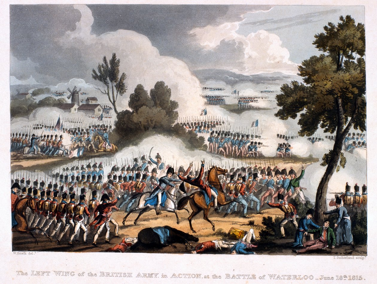 الجناح الأيسر للجيش البريطاني في معركة في واترلو ، نقشها توماس ساذرلاند ، 1815 (ألوان مائية) بواسطة وليام هيث