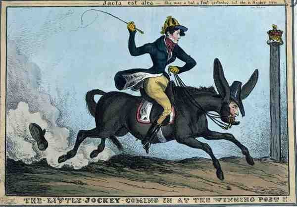 "The Little Jockey Coming in the Winning Post !!!" ، حوالي عام 1831 (نقش ملون) بواسطة وليام هيث
