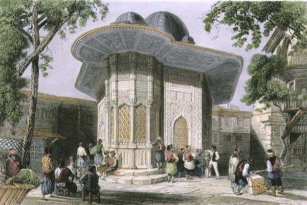نافورة في غلطة ، اسطنبول ، نقشها H. Griffiths ، حوالي 1850 (أكواتينت) بواسطة وليام هنري (بعد) بارتليت
