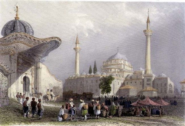 مسجد باجازيت مع بوابة سيراسكير ، اسطنبول ، نقش بواسطة هـ. غريفيث ، حوالي 1850 (أكواتينت) بواسطة وليام هنري (بعد) بارتليت