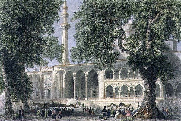 يني دجامي ، أو مسجد سلطانة فاليد ، اسطنبول ، نقش بواسطة JC Varrall ، حوالي 1850 (مائي) بواسطة وليام هنري (بعد) بارتليت