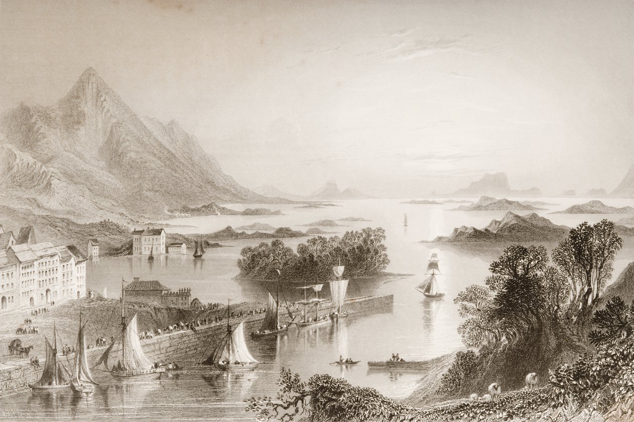 مشهد خليج كليو من ويستبورت ، مقاطعة مايو ، من "مشهد وآثار أيرلندا" لجورج Virtue ، 1860s بواسطة وليام هنري بارتليت