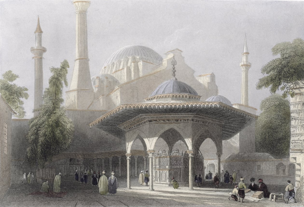 المحكمة ونافورة القديسة صوفيا ، اسطنبول ، محفورة بقلم ج. Redaway ، c.1850 (aquatint) بواسطة وليام هنري بارتليت
