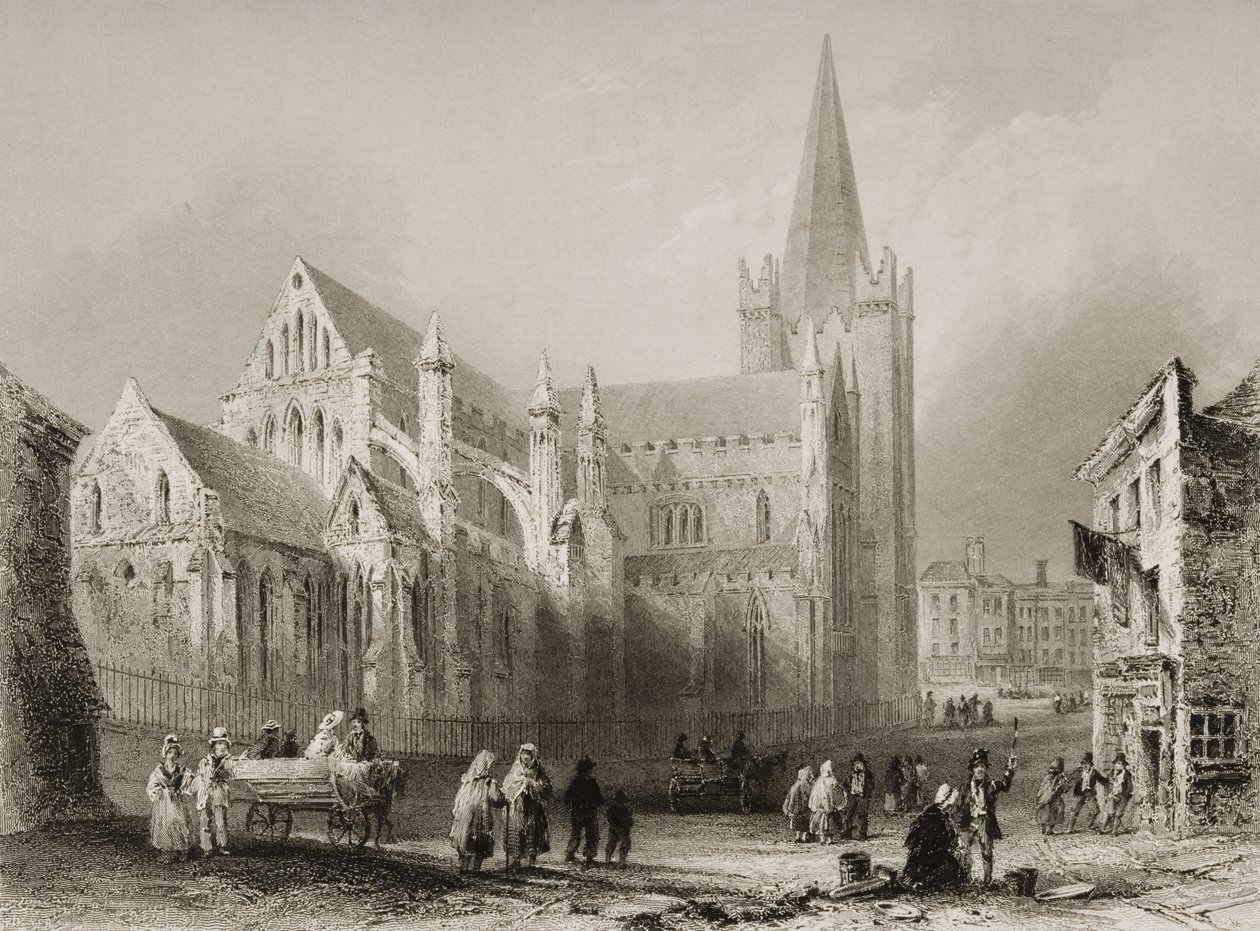 خارج كاتدرائية القديس باتريك ، دبلن ، من "مشهد وآثار أيرلندا" لجورج Virtue ، 1860s بواسطة وليام هنري بارتليت