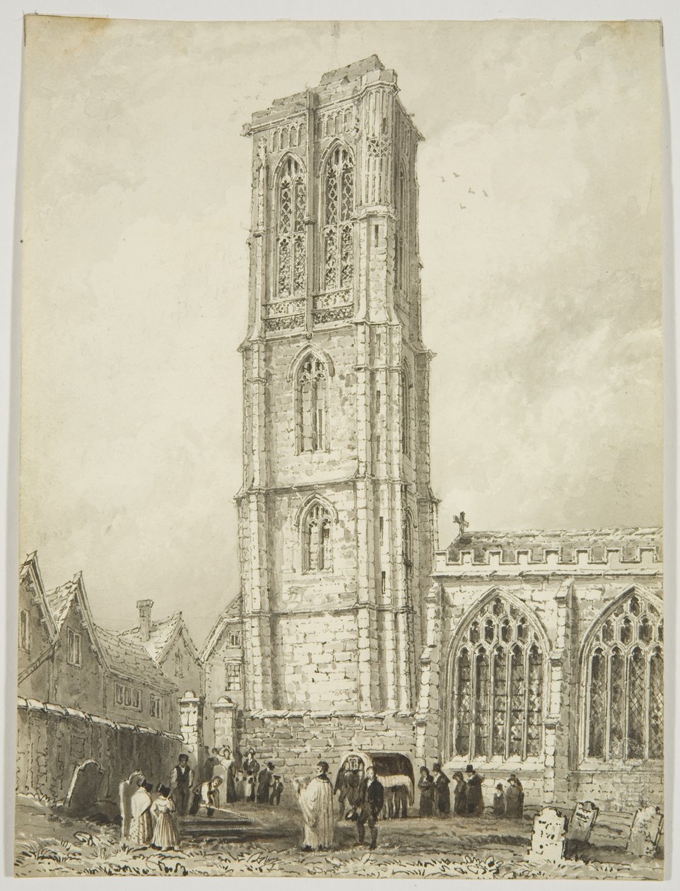 Exterior of Temple Church, showing an internment, c.1825 (pencil & watercolor on paper) بواسطة وليام هنري بارتليت