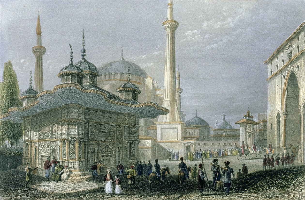 نافورة وميدان القديسة صوفيا ، اسطنبول ، محفورة بقلم تي هيغام ، c.1850 (aquatint) بواسطة وليام هنري بارتليت