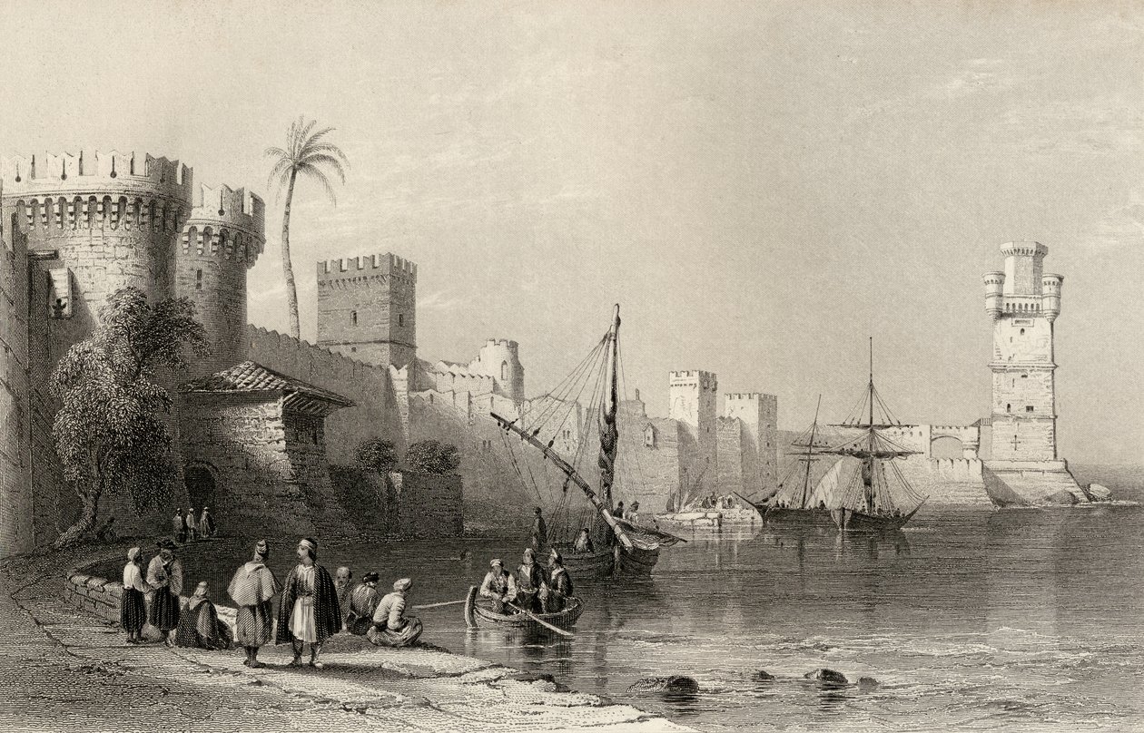 ميناء رودس ، اليونان ، محفور بواسطة جي سي جيميتاج (1820-1897) بواسطة وليام هنري بارتليت