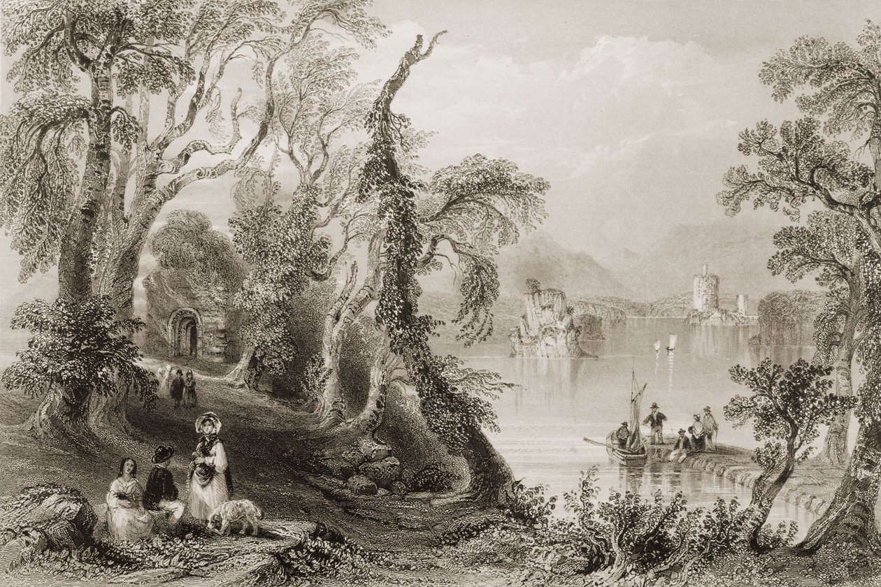 Innisfallen ، بحيرة كيلارني ، مقاطعة كيلارني ، من "مشهد وآثار أيرلندا" لجورج فيرتو ، 1860s بواسطة وليام هنري بارتليت