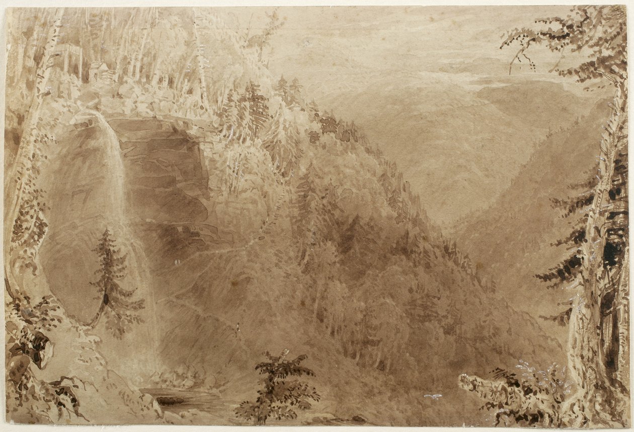 شلالات Kaaterskill من فوق الوادي ، جبال Catskill ، نيويورك: دراسة لنقش ، 1836 (غسيل بالحبر البني مع لمسات من ارتفاع أبيض على الورق ، وضع على البطاقة) بواسطة وليام هنري بارتليت